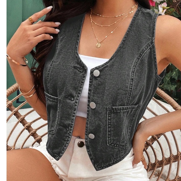 Dark Wash Button up Denim Jean Crop Vest - Picture 7 of 11